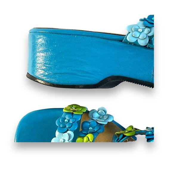VINTAGE CAPARROS Turquoise Lime Floral and Bead Slide Platform Sandals SZ 6.5 - Picture 10 of 12